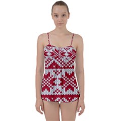 Crimson Knitting Pattern Background Vector Babydoll Tankini Set