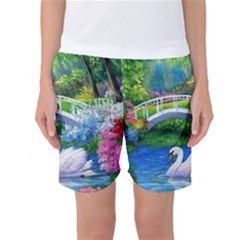 Swan Bird Spring Flowers Trees Lake Pond Landscape Original Aceo Painting Art Women s Basketball Shorts by BangZart