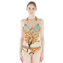 Branches Field Flora Forest Fruits Halter Swimsuit by Nexatart