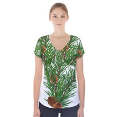 Branch Floral Green Nature Pine Short Sleeve Front Detail Top by Nexatart