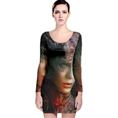 Digital Fantasy Girl Art Long Sleeve Velvet Bodycon Dress
