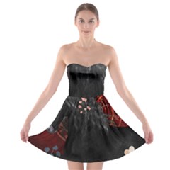 Awesmoe Black Horse With Flowers On Red Background Strapless Bra Top Dress by FantasyWorld7