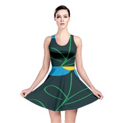 Whimsical Blue Flower Green Sexy Reversible Skater Dress by Mariart