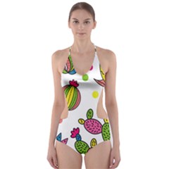 Cactus Seamless Pattern Background Polka Wave Rainbow Cut-out One Piece Swimsuit by Mariart