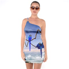 Wonderful Blue  Parrot Looking To The Ocean One Soulder Bodycon Dress by FantasyWorld7