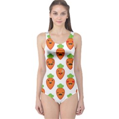 Seamless Background Carrots Emotions Illustration Face Smile Cry Cute Orange One Piece Swimsuit by Mariart