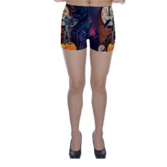 Funny Mummy With Skulls, Crow And Pumpkin Skinny Shorts by FantasyWorld7
