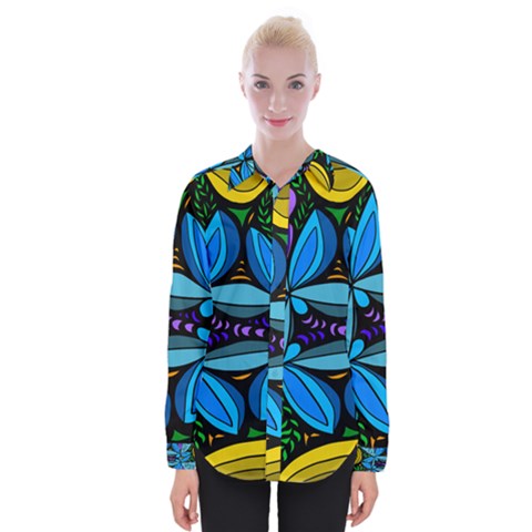 Star Polka Natural Blue Yellow Flower Floral Womens Long Sleeve Shirt by Mariart