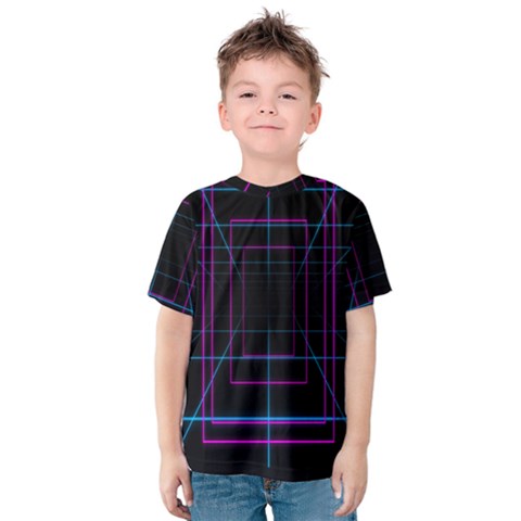 Retro Neon Grid Squares And Circle Pop Loop Motion Background Plaid Purple Kids  Cotton Tee by Mariart