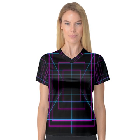 Retro Neon Grid Squares And Circle Pop Loop Motion Background Plaid Purple V-neck Sport Mesh Tee by Mariart