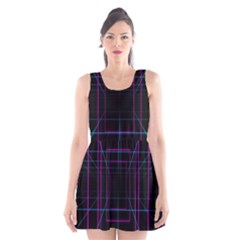 Retro Neon Grid Squares And Circle Pop Loop Motion Background Plaid Purple Scoop Neck Skater Dress by Mariart