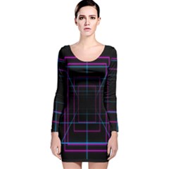 Retro Neon Grid Squares And Circle Pop Loop Motion Background Plaid Purple Long Sleeve Velvet Bodycon Dress by Mariart