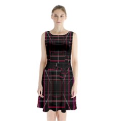 Retro Neon Grid Squares And Circle Pop Loop Motion Background Plaid Sleeveless Waist Tie Chiffon Dress by Mariart
