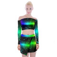 Space Galaxy Green Blue Black Spot Light Neon Rainbow Off Shoulder Top With Skirt Set by Mariart