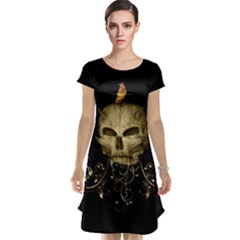 Golden Skull With Crow And Floral Elements Cap Sleeve Nightdress