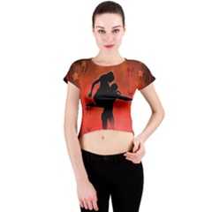 Dancing Couple On Red Background With Flowers And Hearts Crew Neck Crop Top by FantasyWorld7