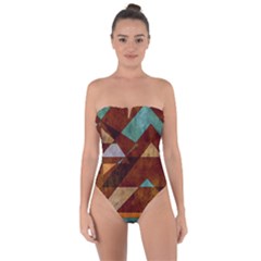 Turquoise And Bronze Triangle Design With Copper Tie Back One Piece Swimsuit by digitaldivadesigns