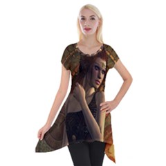Wonderful Steampunk Women With Clocks And Gears Short Sleeve Side Drop Tunic by FantasyWorld7