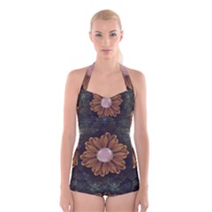 Abloom In Autumn Leaves With Faded Fractal Flowers Boyleg Halter Swimsuit  by jayaprime
