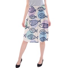 Love Fish Seaworld Swim Blue White Sea Water Cartoons Rainbow Polka Dots Midi Beach Skirt by Mariart