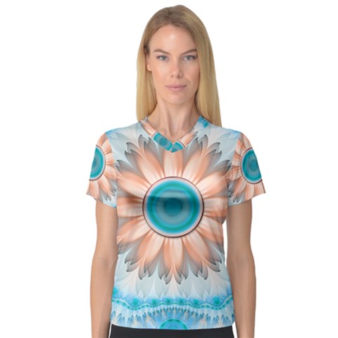 Clean And Pure Turquoise And White Fractal Flower V-neck Sport Mesh Tee by jayaprime