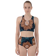 Beautiful Paradise Chrysanthemum Of Orange And Aqua Racer Back Bikini Set by jayaprime