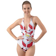 Christmas Santa Claus Playing Sky Snow Halter Cut-out One Piece Swimsuit by Alisyart
