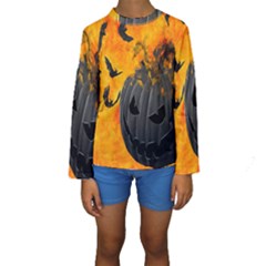 Halloween Pumpkin Bat Ghost Orange Black Smile Kids  Long Sleeve Swimwear by Alisyart