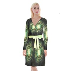 Green Chaos Clock, Steampunk Alchemy Fractal Mandala Long Sleeve Velvet Front Wrap Dress by jayaprime