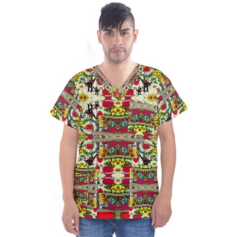 Chicken Monkeys Smile In The Floral Nature Looking Hot Men s V-neck Scrub Top by pepitasart