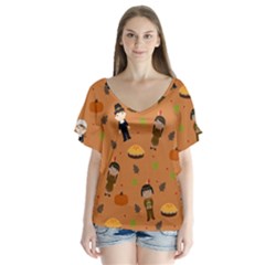 Pilgrims And Indians Pattern - Thanksgiving V-neck Flutter Sleeve Top by Valentinaart
