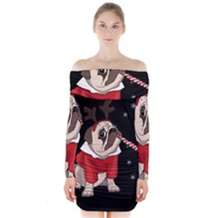 Pug Xmas Long Sleeve Off Shoulder Dress by Valentinaart