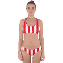 Wide Red And White Christmas Cabana Stripes Cross Back Hipster Bikini Set by PodArtist