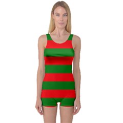 Red And Green Christmas Cabana Stripes One Piece Boyleg Swimsuit by PodArtist