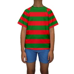 Red And Green Christmas Cabana Stripes Kids  Short Sleeve Swimwear