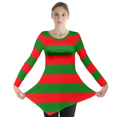 Red And Green Christmas Cabana Stripes Long Sleeve Tunic  by PodArtist