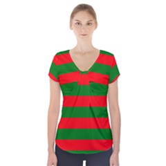 Red And Green Christmas Cabana Stripes Short Sleeve Front Detail Top by PodArtist