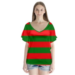 Red And Green Christmas Cabana Stripes V-neck Flutter Sleeve Top by PodArtist