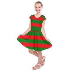 Red And Green Christmas Cabana Stripes Kids  Short Sleeve Dress by PodArtist