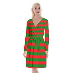 Red And Green Christmas Cabana Stripes Long Sleeve Velvet Front Wrap Dress by PodArtist