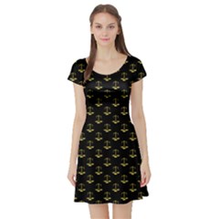 Gold Scales Of Justice On Black Repeat Pattern All Over Print  Short Sleeve Skater Dress by PodArtist