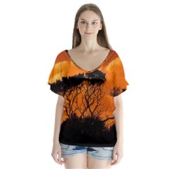 Trees Branches Sunset Sky Clouds V-neck Flutter Sleeve Top by Celenk