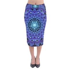 Accordant Electric Blue Fractal Flower Mandala Velvet Midi Pencil Skirt by jayaprime