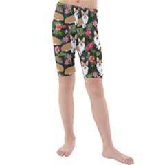 Welsh Corgi Hawaiian Pattern Florals Tropical Summer Dog Kids  Mid Length Swim Shorts by Celenk