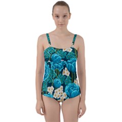 Light Blue Roses And Daisys Twist Front Tankini Set by Bigfootshirtshop