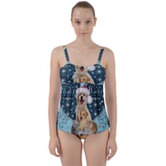 It s Winter And Christmas Time, Cute Kitten And Dogs Twist Front Tankini Set by FantasyWorld7