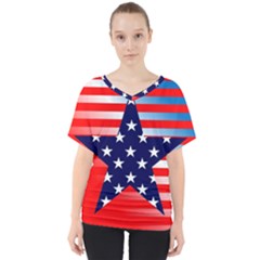 Patriotic American Usa Design Red V-neck Dolman Drape Top by Celenk