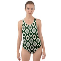 Green Ornate Christmas Pattern Cut-out Back One Piece Swimsuit by patternstudio