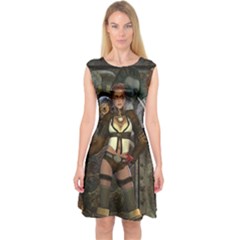 Steampunk, Steampunk Women With Clocks And Gears Capsleeve Midi Dress by FantasyWorld7