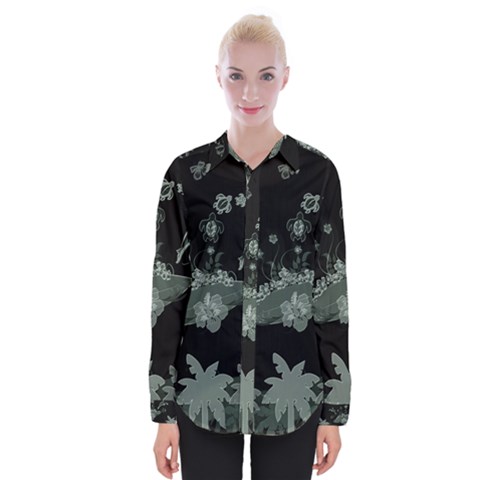 Surfboard With Dolphin, Flowers, Palm And Turtle Womens Long Sleeve Shirt by FantasyWorld7